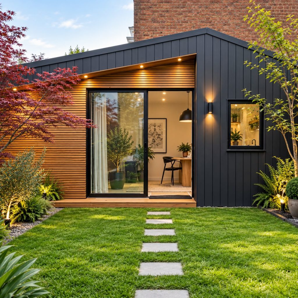 Garden office with offset roof, cedar cladding and sliding doors
