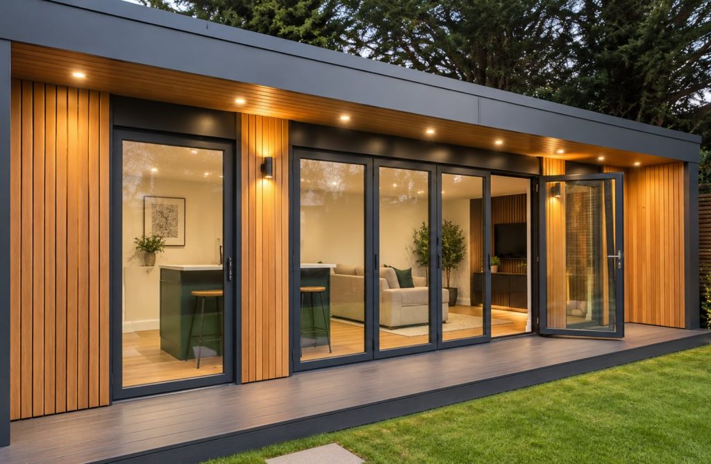 Timber-clad garden room with wide glazing and warm exterior lighting